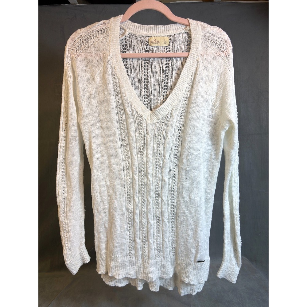 Vtg Y2K Hollister Open Knit Cable White Slim Fit Sweater Top Deep‎ V sz L